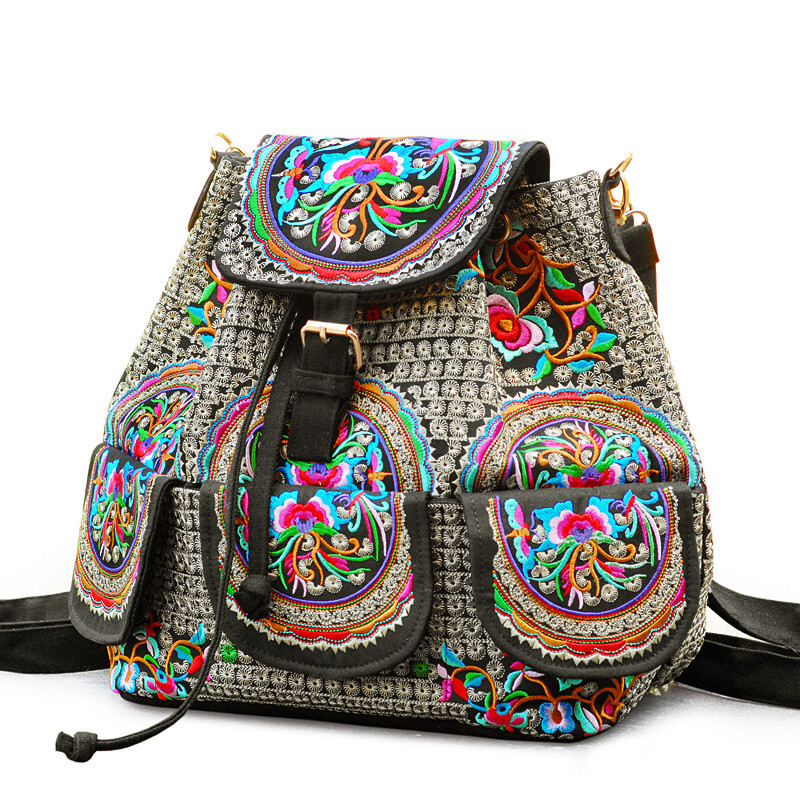 斐文 2016新款民族風刺繡花春夏雙肩包女包大包旅行包單肩包背包兩用包 大紫牡丹