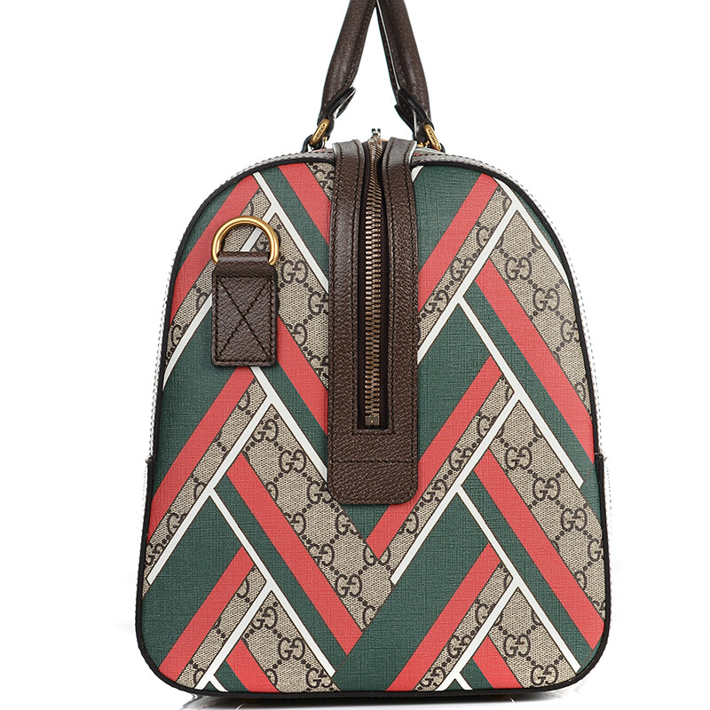 GUCCI 古馳 GUCCI旅行包 棕色人造革配皮紅綠幾何圖形拉鏈中性款單肩斜挎包旅行包 406380 K1M7T 8576